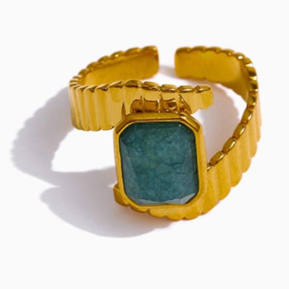 Stainless Steel Blue Apatite Ring Statement Metal Gold Opening Ring - Picture 1 of 11